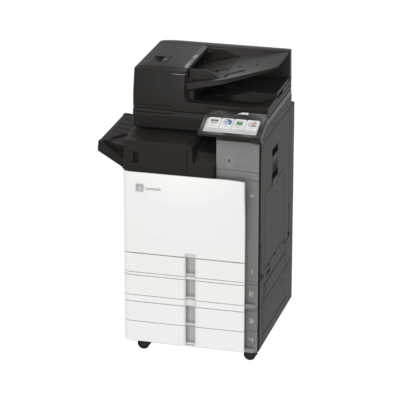 Lexmark CX951se A3 Colour MFP angled view with additional 550-sheet trays 企業級擴充紙盤配置